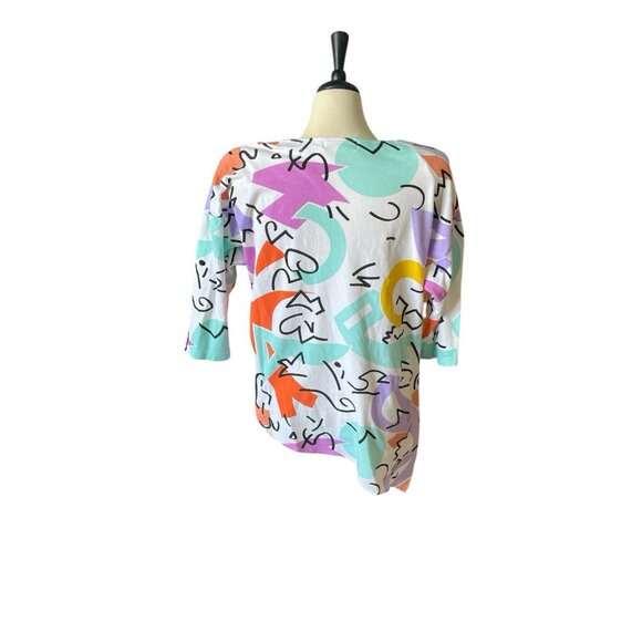 Abstract Graphic Print Asymmetrical Hem Top With Rhinestones White/Multicolor Ou - Picture 4 of 7